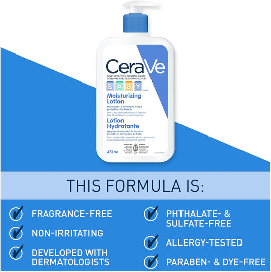 CeraVe BABY Moisturizing Lotion, Gentle Skin Care for Face & Body with Ceramides, Hyaluronic Acid, Niacinamide & Vitamin E. Fragrance-Free, Paraben-Free, Dye-free. Sensitive skin, non-greasy, 473ML