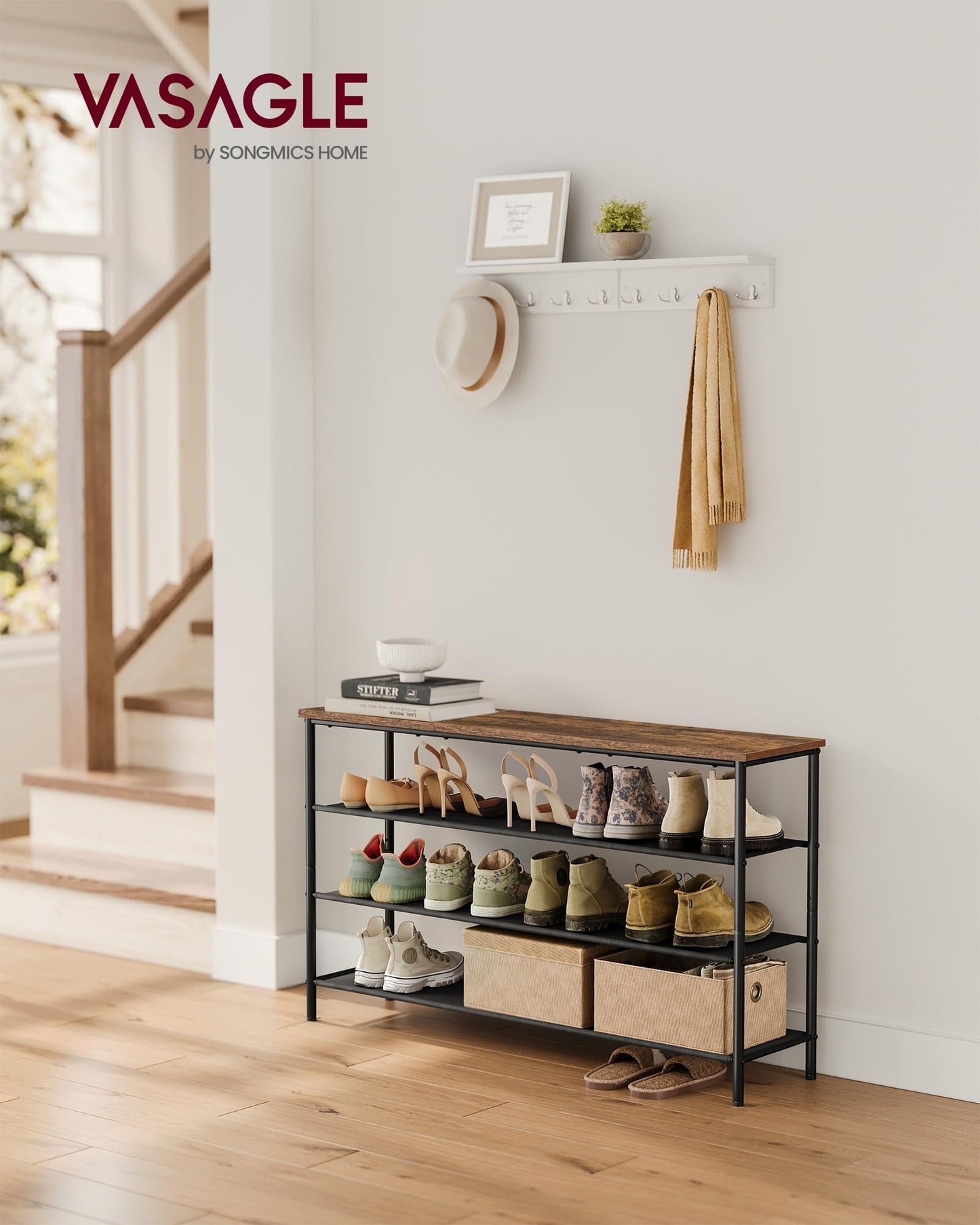 VASAGLE Shoe Rack, 4-Tier Shoe Storage Organizer for Entryway and Closet, Holds 9-12 Pairs of Shoes, 3 Fabric Shelves, Steel Frame, Industrial, Rustic Brown and Black ULBS035B01