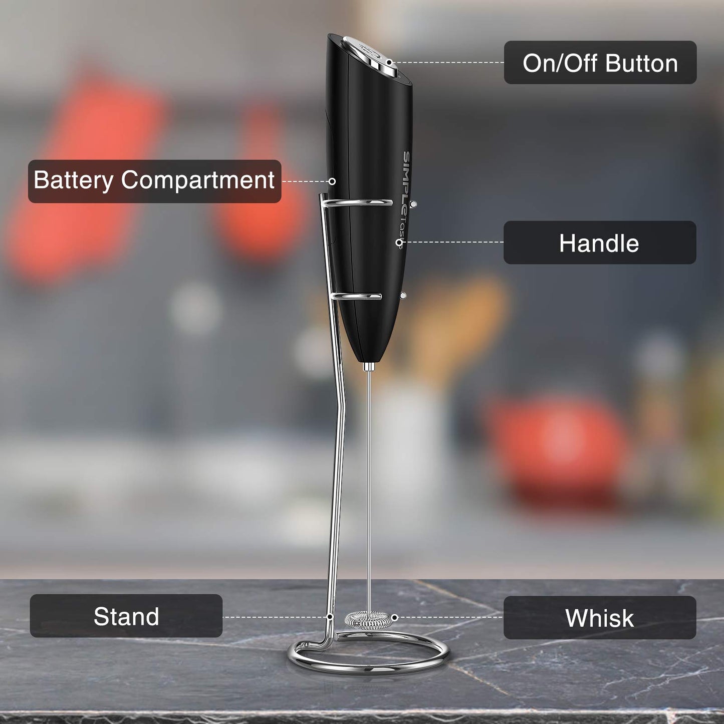 SIMPLETASTE Milchaufschäumer Handheld Elektrischer Quirl, Getränkemixer mit Edelstahl Schneebesen für Cappuccino, Bulletproof Coffee, Latte, mit Ständer, Schwarz, Batteriebetrieben