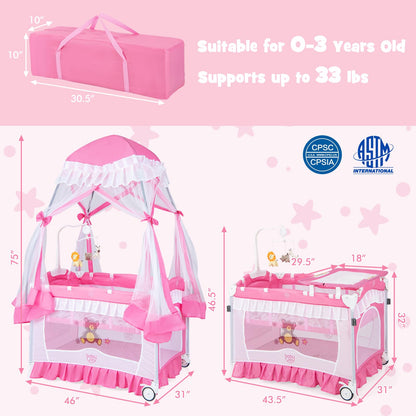 BABY JOY 4 in 1 Pack and Play with Canopy, Portable Baby Playard with Bassinet, Double-Layer Baby Crib, Wheels & Brake, Foldable Baby Girl Pink Bassinet from Newborn to Toddler