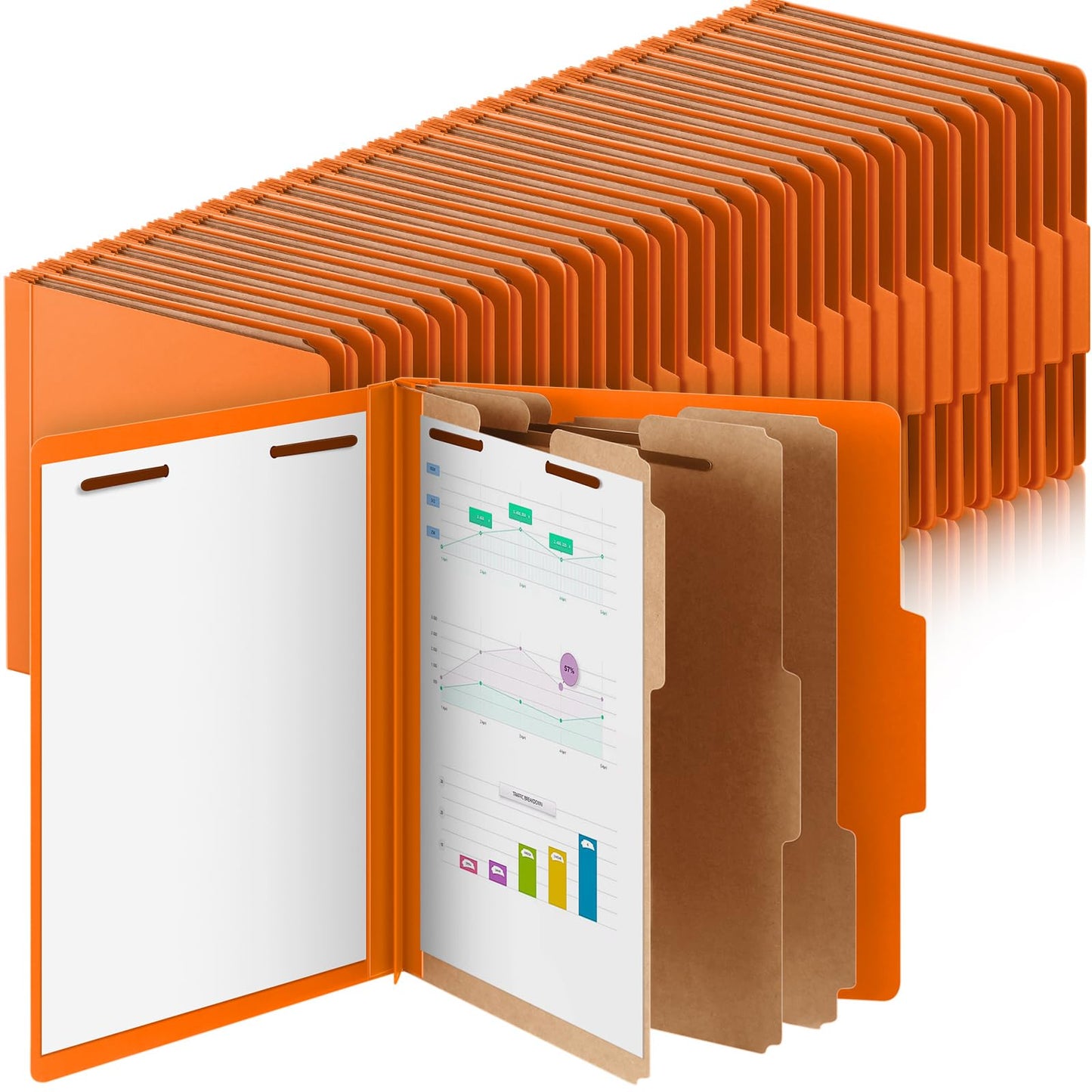 Skyygemm 60 Pcs Classification Folders Letter Size, 3 Divider Pressboard File Folder with Fasteners, Expanding File Organizer Bulk for Documents, Projects, Reports, School Teacher, Office (Orange)