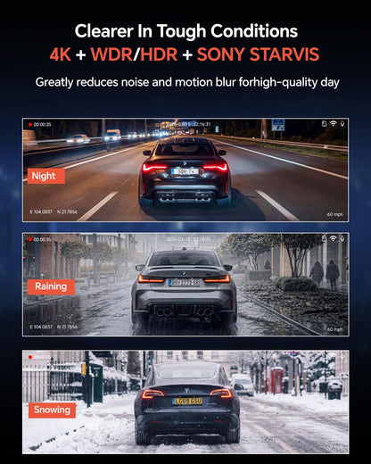 Coolcrazy 4K Dash Cam Front and Rear, STARVIS Sensor, Free 128GB Card Included, 5GHz WiFi-up to 20MB/s, Dual Dash Camera for Cars, Built-in GPS, G-Sensor, WDR/HDR Super Night Vision, 24H Parking Mode