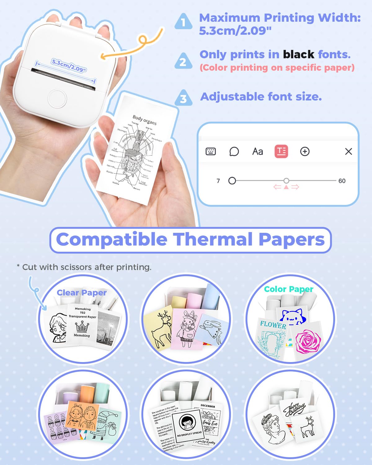 Memoking Mini-Drucker - T02 Aufkleberdrucker, Druckkapsel, tragbarer thermischer tintenloser Aufkleberhersteller, Bluetooth-Taschen-Minifotodrucker, Sofortdruck, Smart AI APP, für Studentenstudiennotizen, Tagebuch, Heimwerker, Geschenk