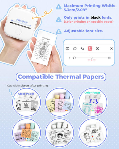 Memoking Mini-Drucker - T02 Aufkleberdrucker, Druckkapsel, tragbarer thermischer tintenloser Aufkleberhersteller, Bluetooth-Taschen-Minifotodrucker, Sofortdruck, Smart AI APP, für Studentenstudiennotizen, Tagebuch, Heimwerker, Geschenk