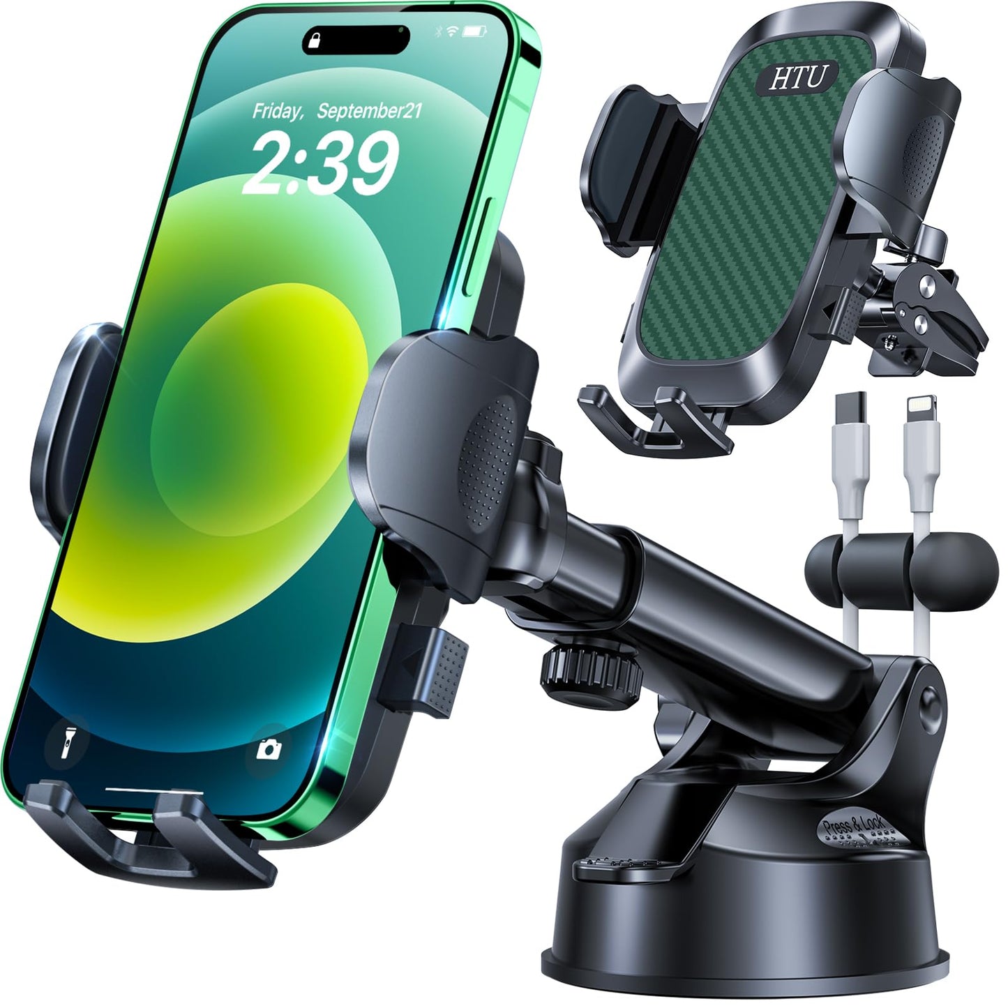 2026 Ultimate Best【True Military-Grade & Safety Cert】Car Phone Holder HTU【Upgraded 360 Rotation & 100+LBS Strongest Suction】5-in-1 Truck Windshield Dashboard Vent Mount Stand for iPhone Android, Black