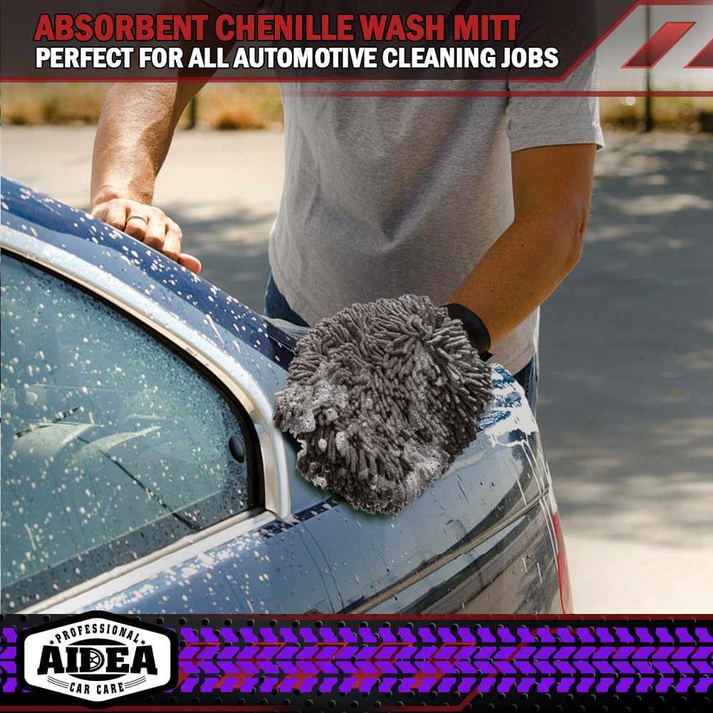 AIDEA Auto Waschhandschuh Mikrofaser, 2er Pack Kratzfrei Fusselfrei, Premium Chenille Mikrofaser Waschhandschuh Auto Waschbürste, Grün, Reguläre Größe 18,08 cm x 25,76 cm