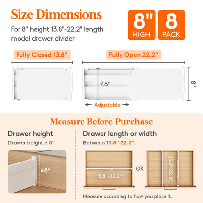 Lifewit 8" Tall 4 Pack Drawer Dividers, 13.8"-22.2" Adjustable Deep Drawer Organizer Clothes, Expandable White Plastic Separators for Dresser, Kitchen, Cabinet, Closet, Office Organization & Storage