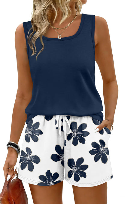 WIHOLL Two Piece Sets for Women Summer Lounge Short Sets Tank Square Neck Sleeveless Sweatsuit with Pocket
