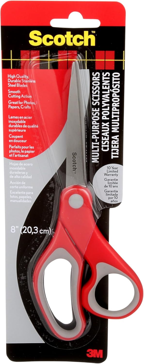 Scotch Scissors, 8" Multi-Purpose Scissors, Stainless Steel, 1 Pair, Red
