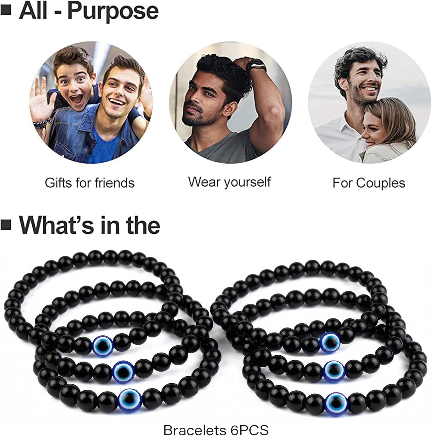 6 mm Böses Auge Armband aus schwarzen Kristallen – verstellbares Set aus Natursteinen für Herren und Damen, Schutzamulett als Geschenk für den Alltag/Geburtstag/Jahrestag