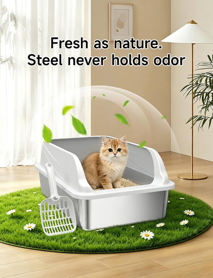 Stainless Steel Cat Litter Box, Odor Free Metal Litter Box with High Sides Lid, Open Top Low Entry Litter Pan Include Scoop Easy Cleaning Anti-Scratch Kitty Cat Box Anti-Urine Leakage, Non-Sticky