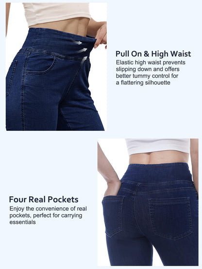 Chasehot Pull-On Skinny Jeans für Damen, dehnbare High-Waist Leggings, trendige Bauchkontrolle, Denim-Jeggings mit Taschen, Dark Wash-L