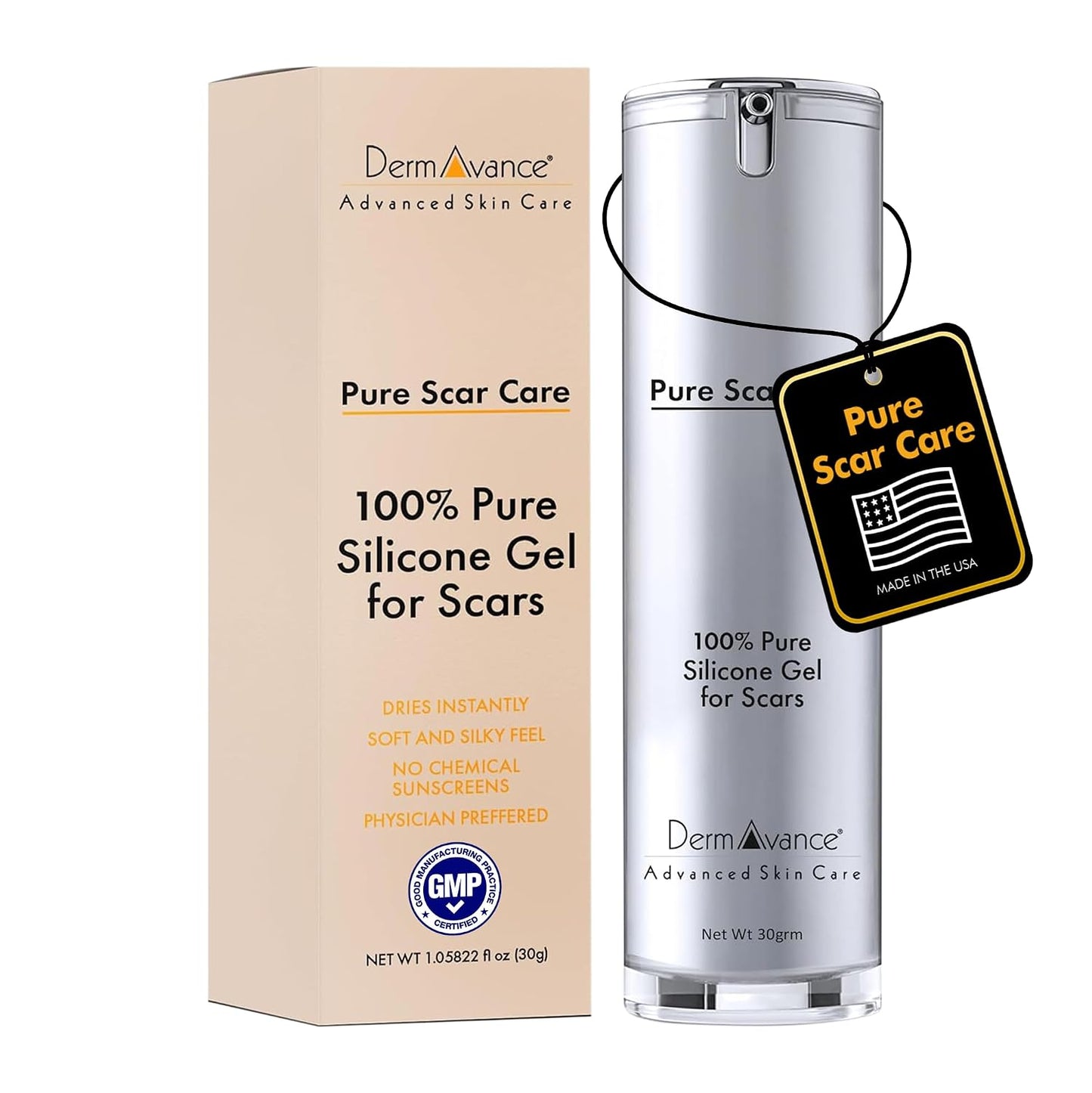 DermAvance Pure Scar Care "Medical Grade Silicone Gel" for Surgical and Facial Marks - Silicone Cream for Effective Scar Management - 1.05822 fl oz (30g), Clear