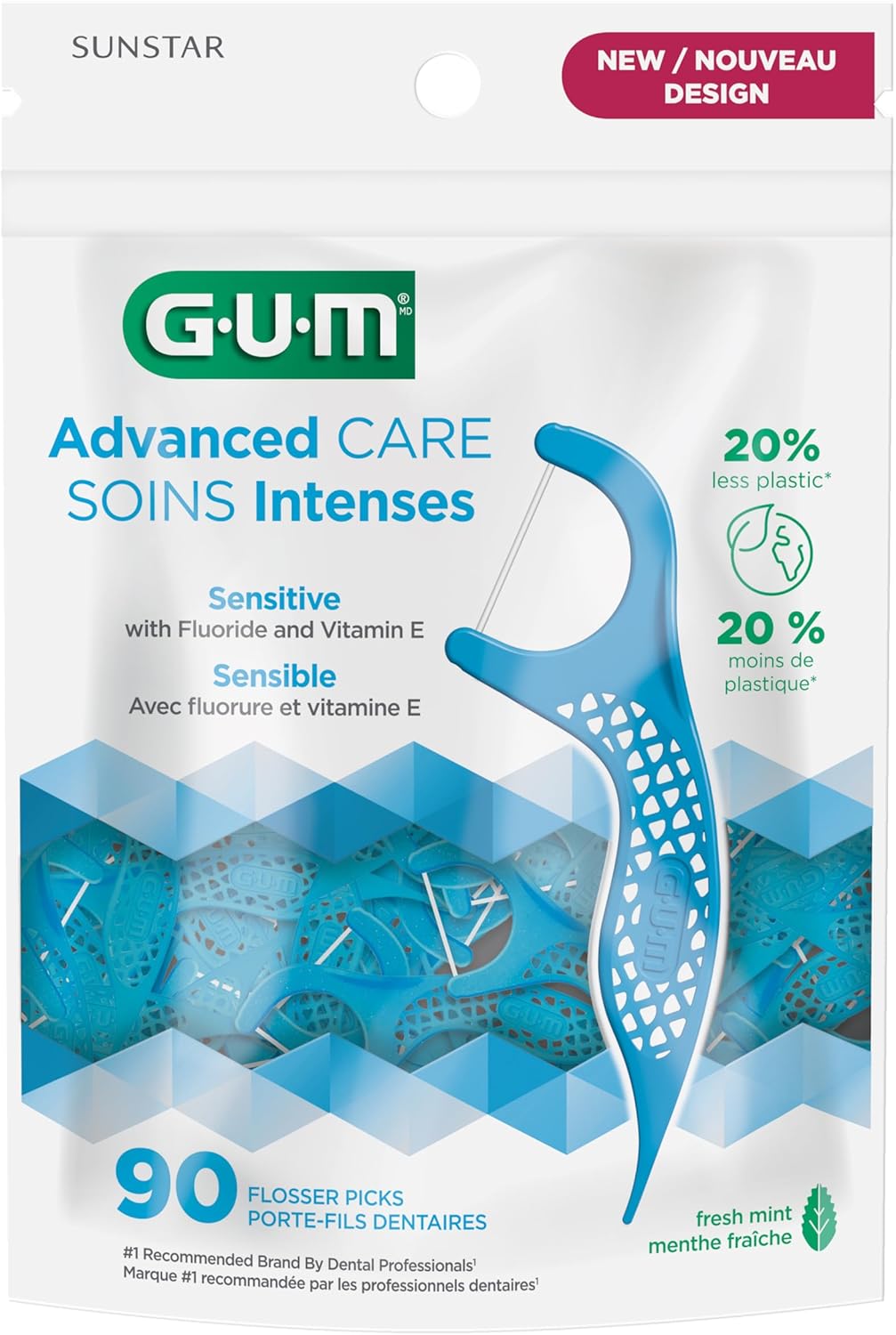 GUM Advanced Care Flosser Picks, angereichert mit Vitamin E & Fluorid, frischer Minzgeschmack, blau, 150 Flosser (1 Beutel)