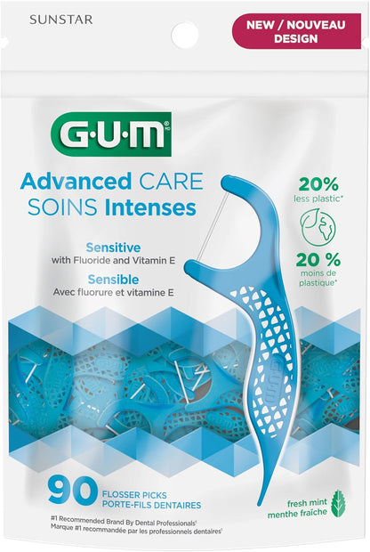 GUM Advanced Care Flosser Picks, angereichert mit Vitamin E & Fluorid, frischer Minzgeschmack, blau, 150 Flosser (1 Beutel)
