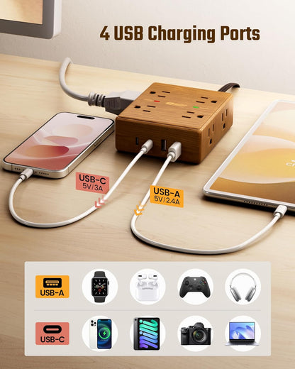 Surge Protector Power Bar, SUPERDANNY 6 Ft Extension Cord with 8 Outlets & 4USB Ports (2 USB 2 C), Mountable Flat Plug Power Strip, Surge Protection for Home, Office, Dorm