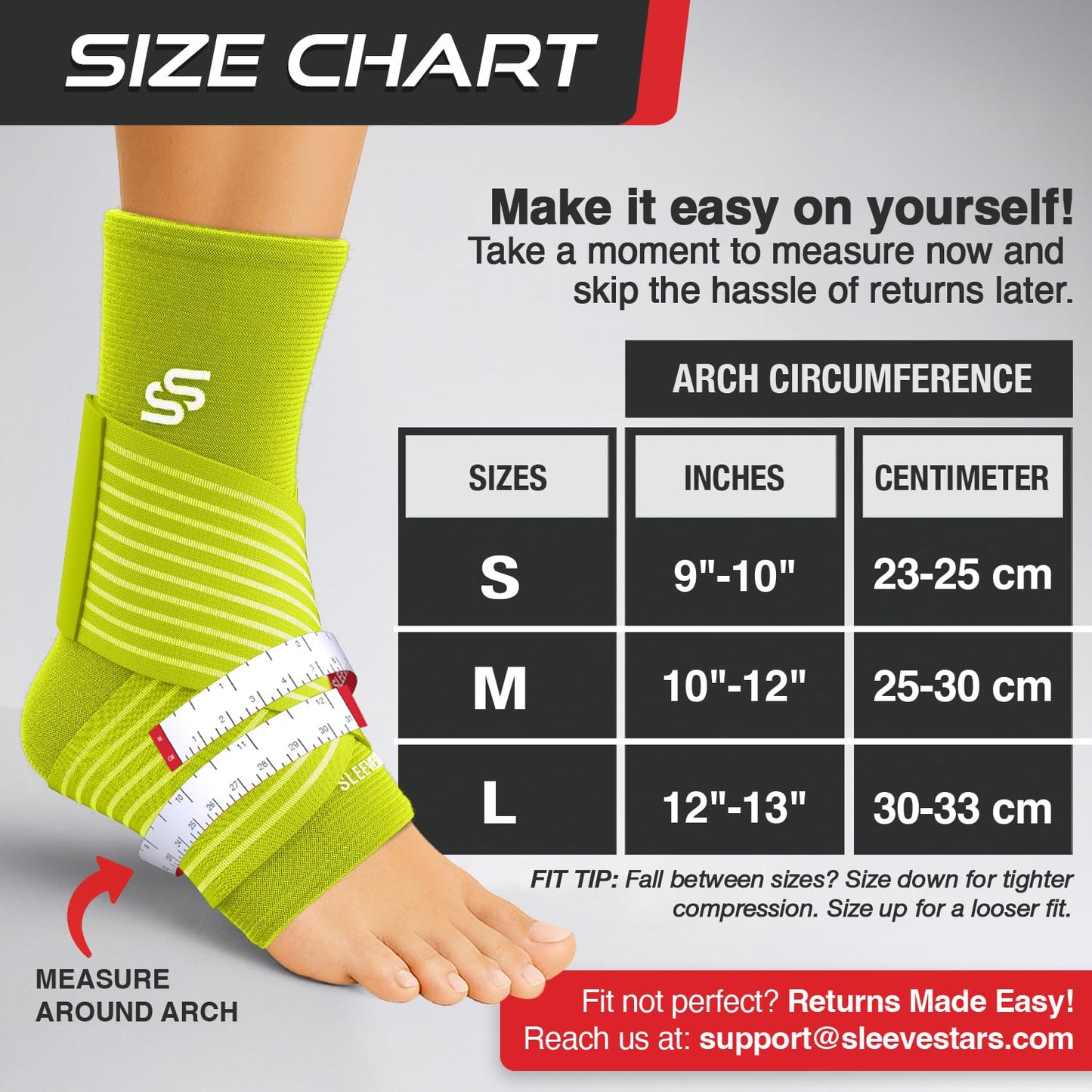 Sleeve Stars Knöchelbandage für Damen & Herren, Knöchelwickel für Verstauchungen, Kompressionsmanschette zur Linderung von Plantarfasziitis, Leicht anpassbare Unterstützung: mit abnehmbarem Gurt (Einzeln/M:25-30cm/Schwarz)