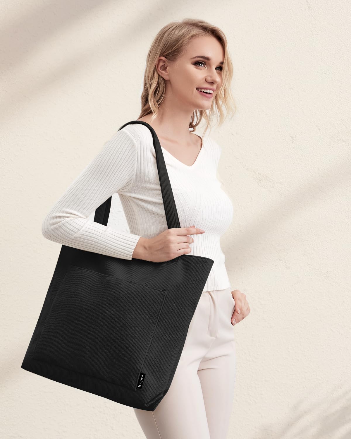 Prite Corduroy Tote Bag for Women Large Shoulder Bag with Zipper and Pockets for College Work Travel Shopping(Black)