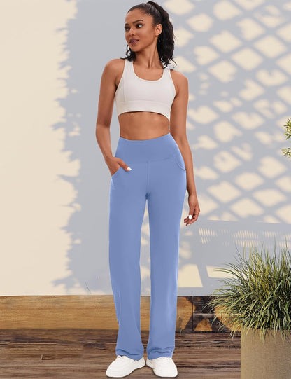VOOVEEYA Yogahosen für Damen mit Taschen, gerade geschnittene Hose mit weitem Bein, hochtaillierte Business-Hose, petite/regulär//lang