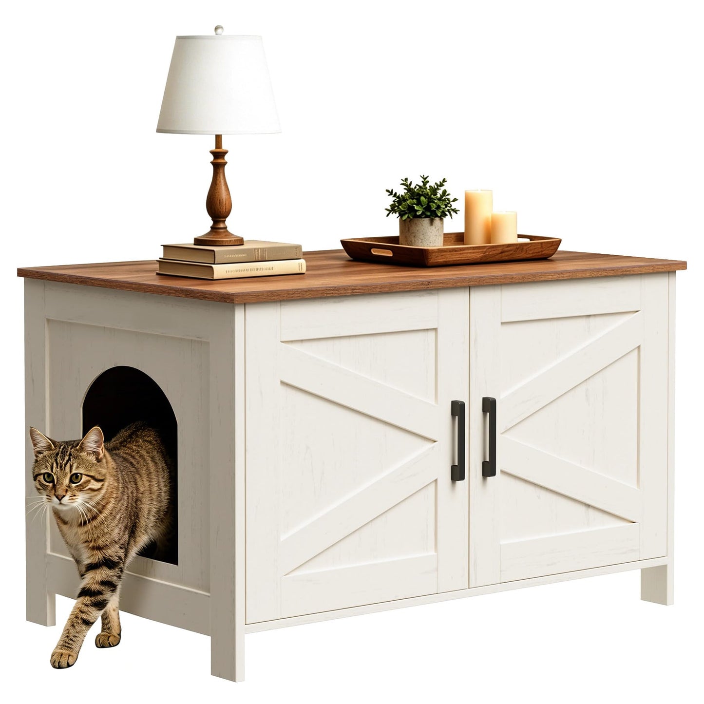 Homhedy Cat Litter Box Enclosure, Wooden Cat Washroom Furniture with Barn Door, Pet House, Fit Most of Litter Box, White