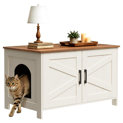 Homhedy Cat Litter Box Enclosure, Wooden Cat Washroom Furniture with Barn Door, Pet House, Fit Most of Litter Box, White