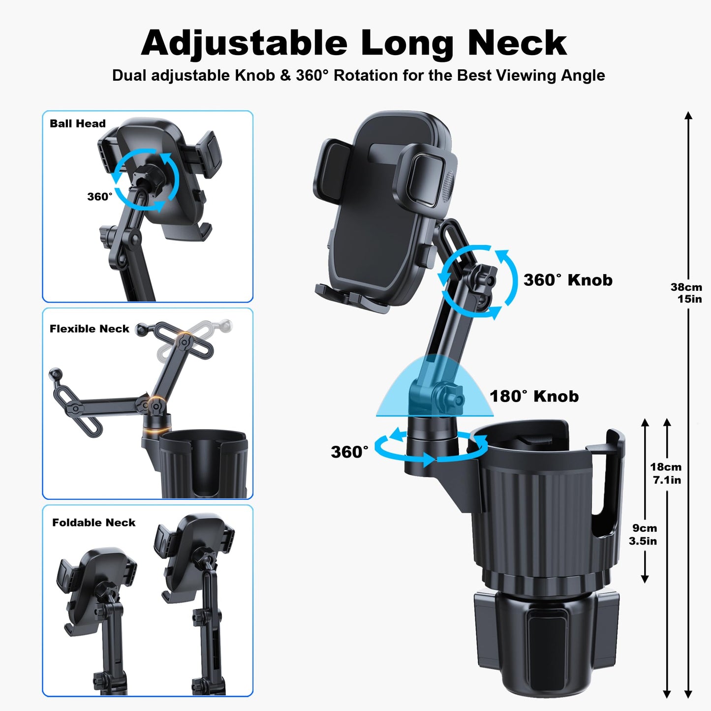 Getränkehalter-Handyhalterung, 2-in-1 Universal-Getränkehalter-Erweiterung mit langem Arm, 360° drehbarer Getränkehalter für das Auto, passend für alle 4–7 Zoll iPhone Galaxy Smartphones und die meisten LKW-Flaschen