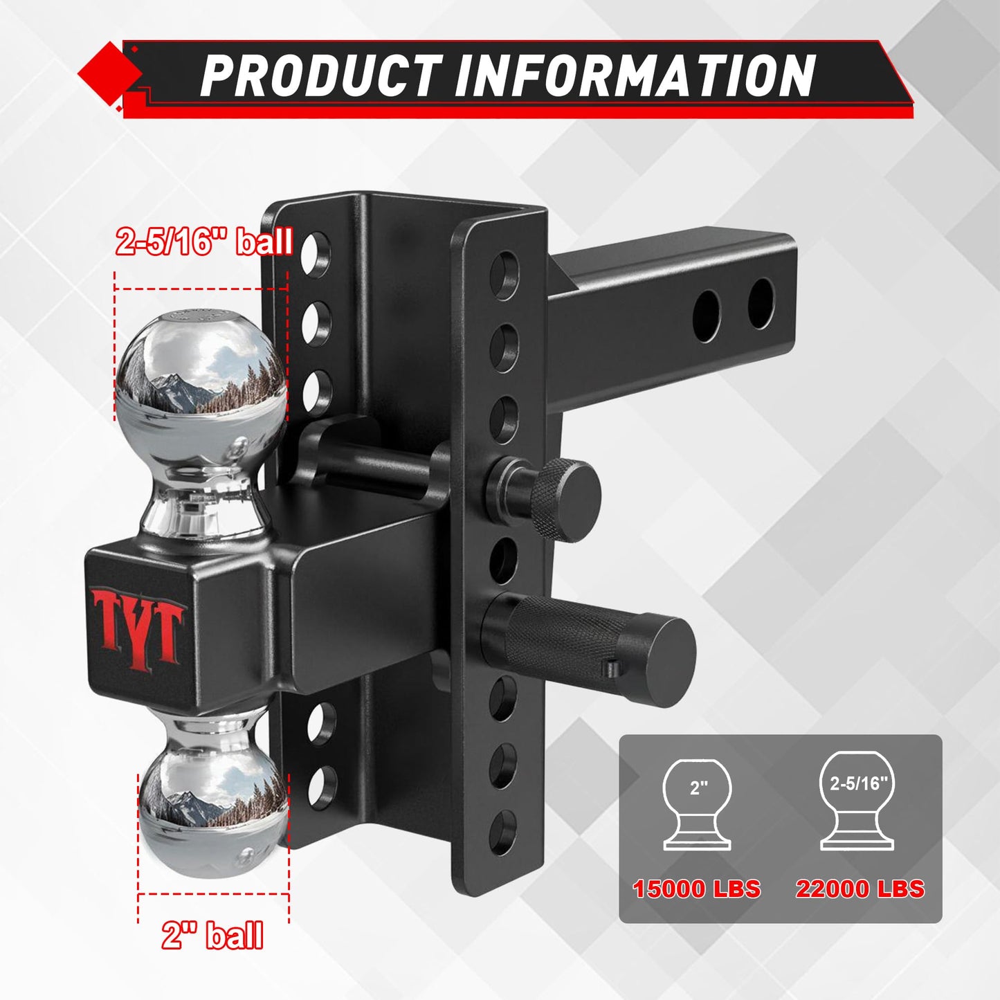 TYT Adjustable Truck Trailer Hitch for 2 inch Receiver, 6" Drop/Rise Tow Hitch with Dual Balls (2" & 2-5/16"), Compatible with Heavy-Duty Trailer Systems up to 20,000 lbs, Includes Hitch Tightener