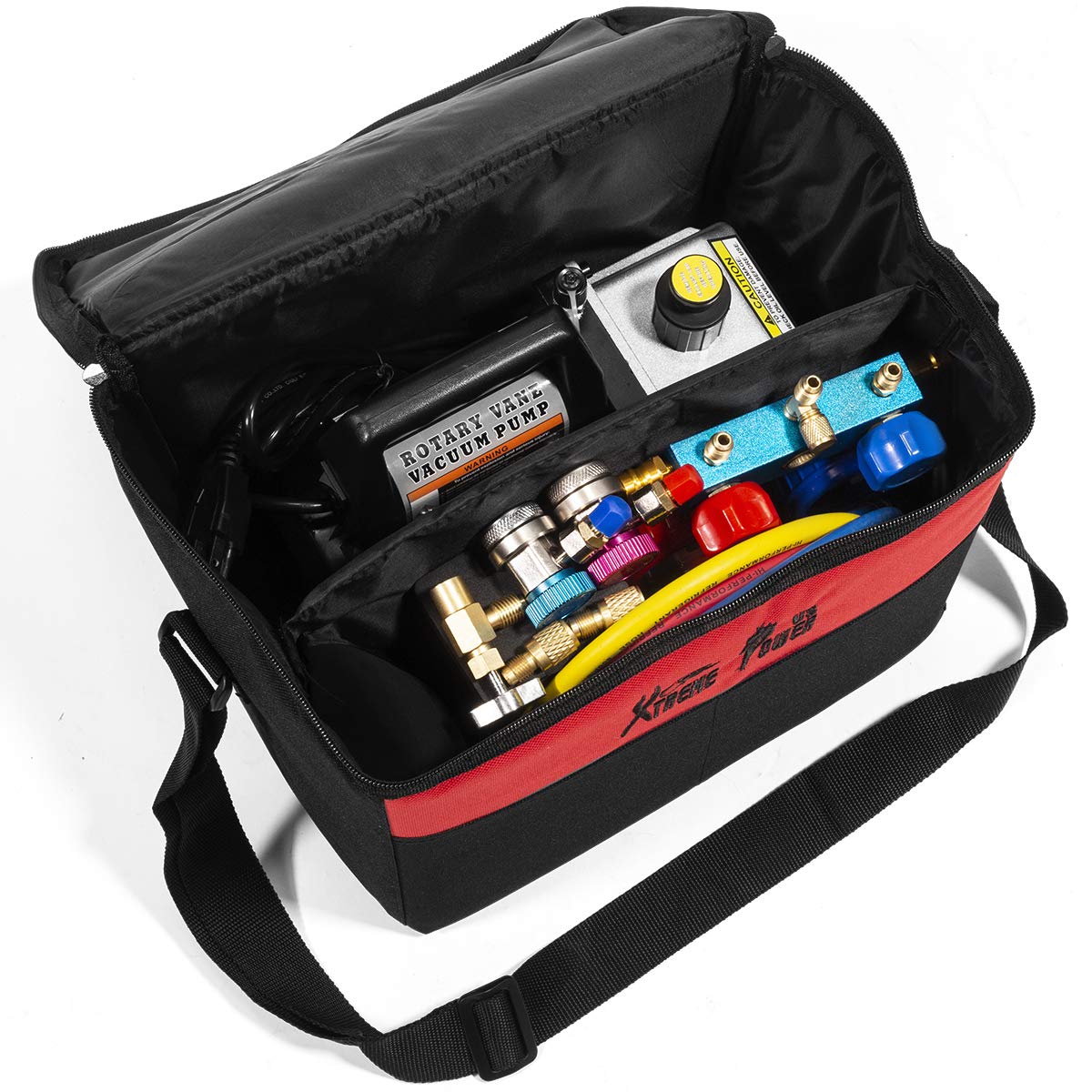 XtremepowerUS 3CFM 1/4HP Vacuum Pump HVAC R134a, R12, R22, R410a, A/C Refrigeration R134 Can Tap Adapter, R134 Quick Connector AC Manifold Gauge Air Conditioner Oil Bottle w/Bag