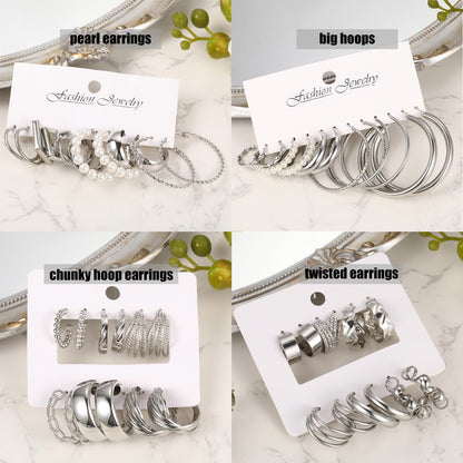 42 Paar goldene Creolen für Damen, Modisches klobiges Perlenohrring-Multipack, gedrehter Statement-Ohrring-Pack, hypoallergene kleine große Creolen für Geburtstagsfeiern (Gold-42 Paare)