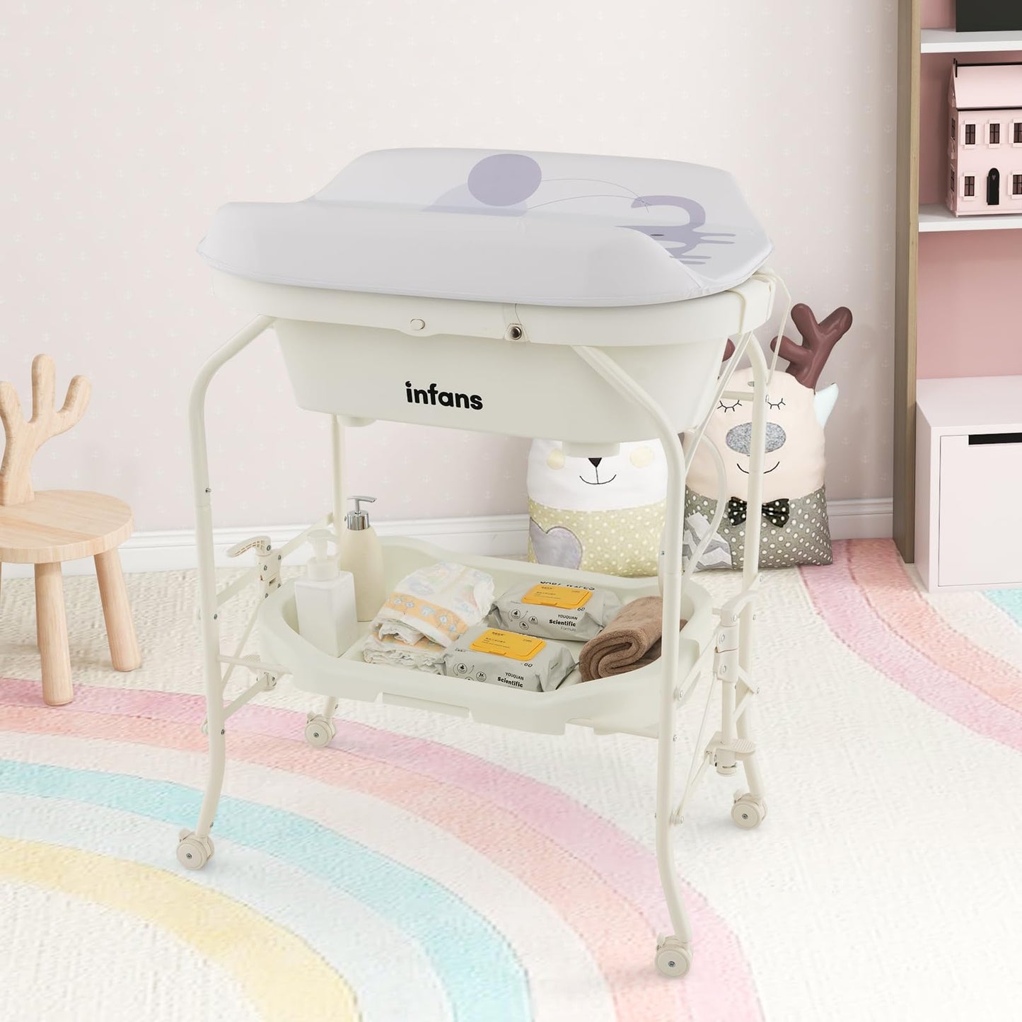 INFANS 2 in 1 Baby Changing Table with Bath Tub Unit, Folding Diaper Dresser Station with Wheels Waterproof Pad Storage Rack, Portable Nursery Organizer Stand for Newborn Infant