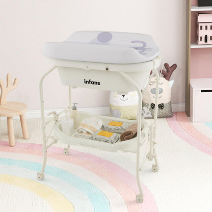 INFANS 2 in 1 Baby Changing Table with Bath Tub Unit, Folding Diaper Dresser Station with Wheels Waterproof Pad Storage Rack, Portable Nursery Organizer Stand for Newborn Infant