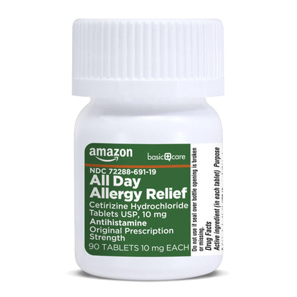 Amazon Basic Care All Day Allergy,Cetirizine Hydrochloride Tablets,10 mg,24-Hour Relief for Sneezing,Runny Nose,Itchy Eyes&Throat,Indoor&Outdoor Allergy Relief,30 Count (Packaging may vary)(Pack of 2)