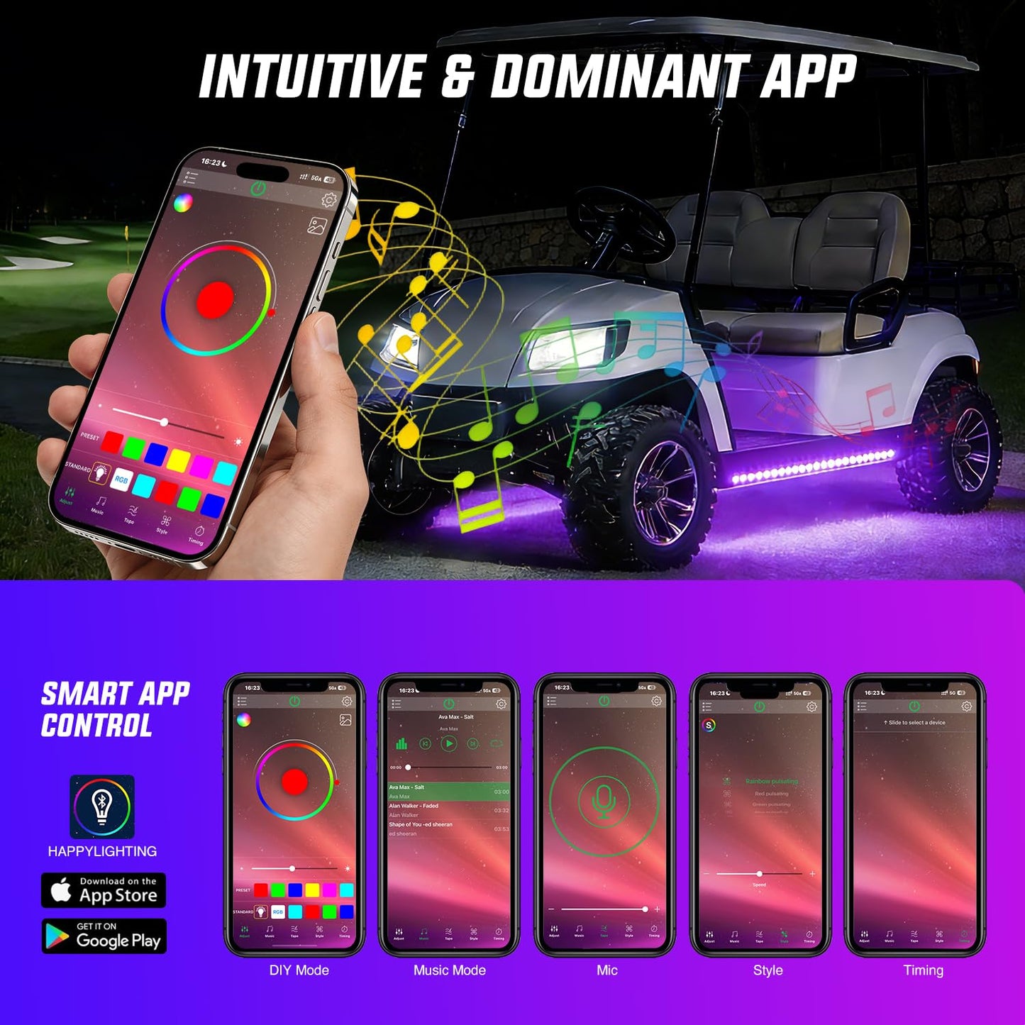 Nilight 6PCS Golf Cart Underbody Light Kit with Canopy Lights Dream Color Multi-Mode Neon Accent Lighting APP Remote Control Sound Active Music Sync IP67 Waterproof 12V-66V for EZGO Yamaha Club Car