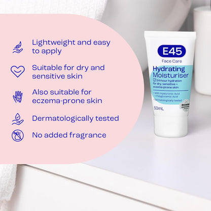 E45 - Face Moisturiser | Long Lasting 24 Hour Hydration | For Dry, Sensitive and Eczema Prone Skin | 50mL