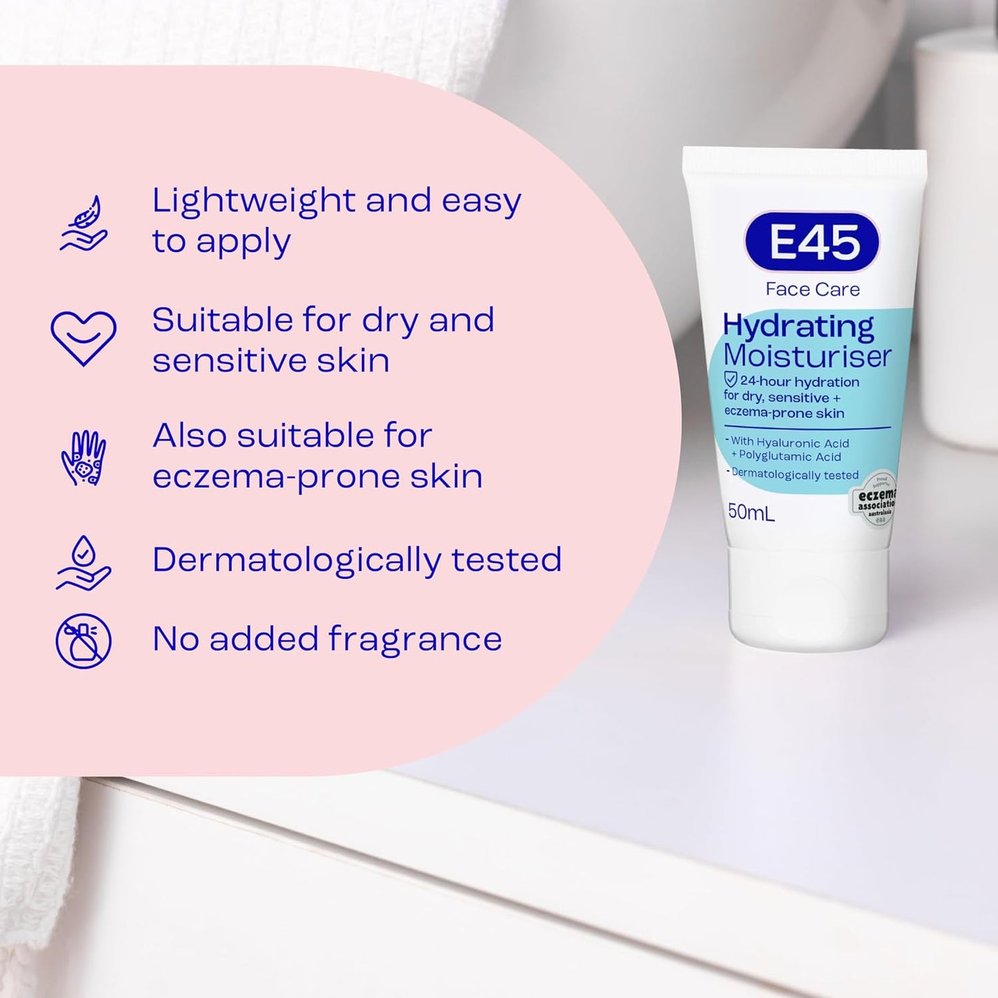E45 - Face Moisturiser | Long Lasting 24 Hour Hydration | For Dry, Sensitive and Eczema Prone Skin | 50mL