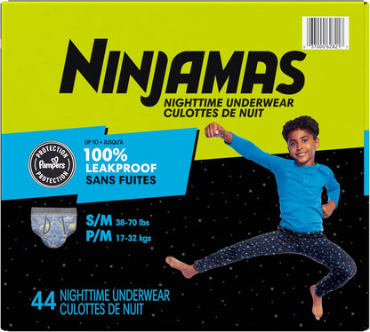 Ninjamas Boys Bedwetting Underwear, Overnight Protection, Ultra Absorbent, Hypoallergenic, Size S/M (17-32 kg), 44 Count,