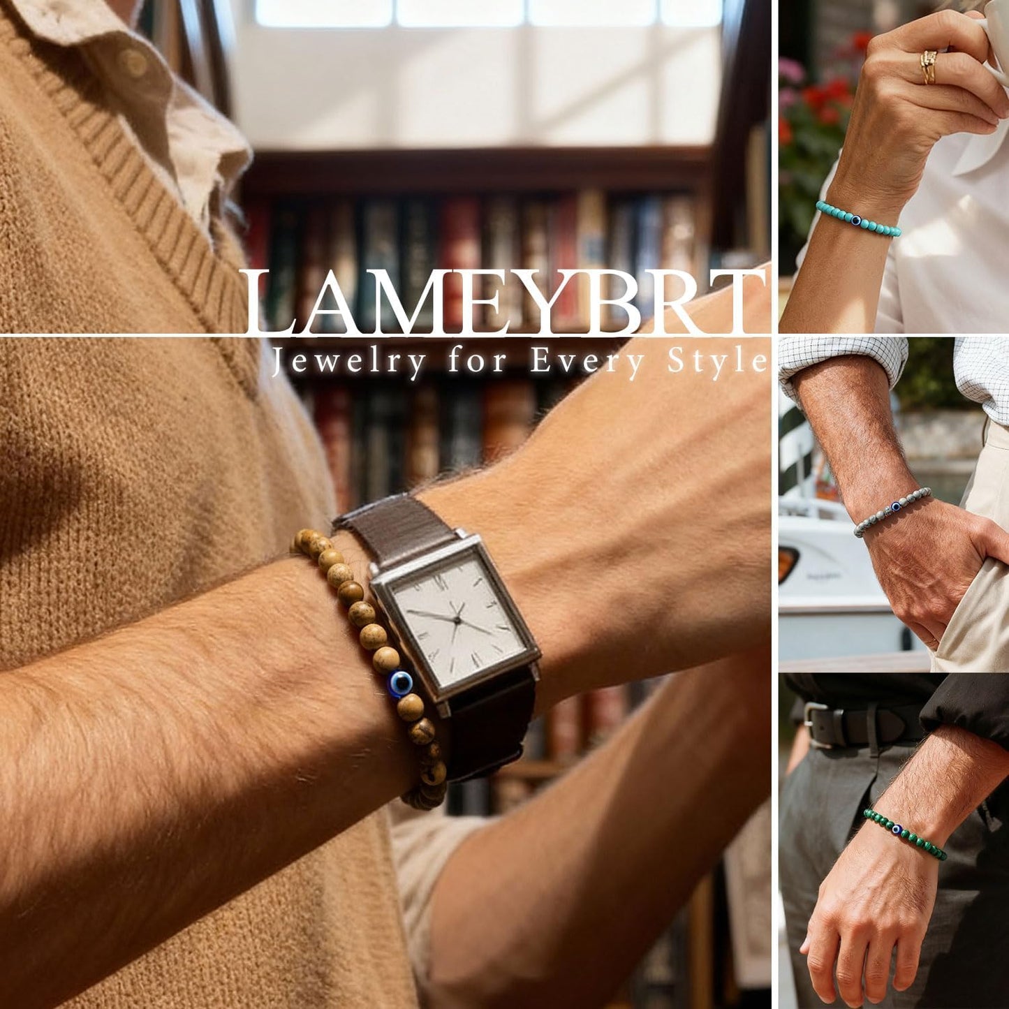 6 mm Böses Auge Armband aus schwarzen Kristallen – verstellbares Set aus Natursteinen für Herren und Damen, Schutzamulett als Geschenk für den Alltag/Geburtstag/Jahrestag
