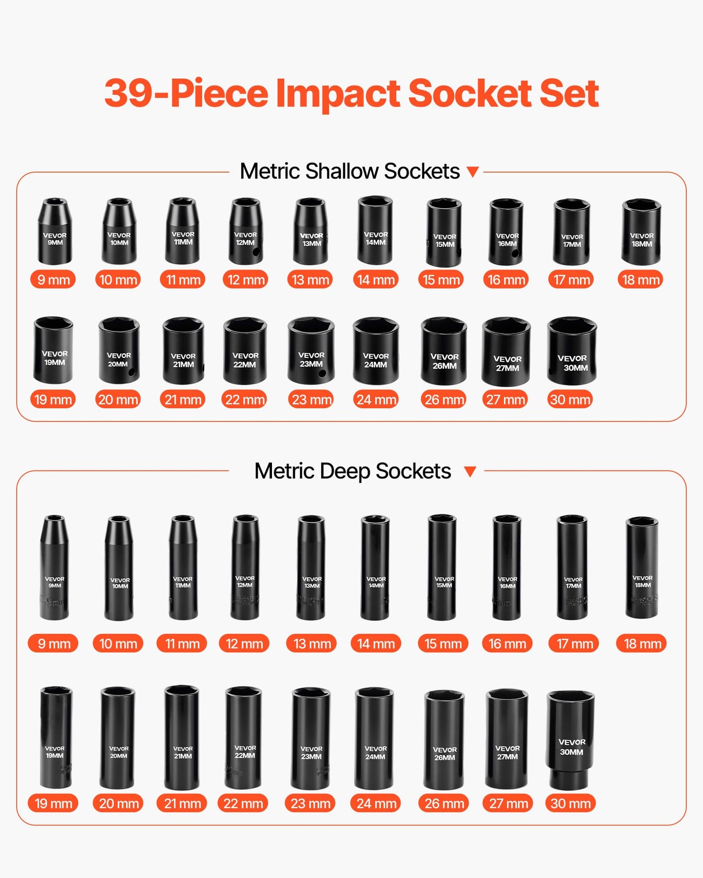 VEVOR 91-Piece 1/2" Drive Impact Socket Set, SAE (5/16" to 1-1/4") & Metric (8 to 32 mm), CR-V, Deep & Shallow, 6 Point, Ratchet Handle, Universal Joint, Adapters, Extension Bars (3, 5, 10 in)
