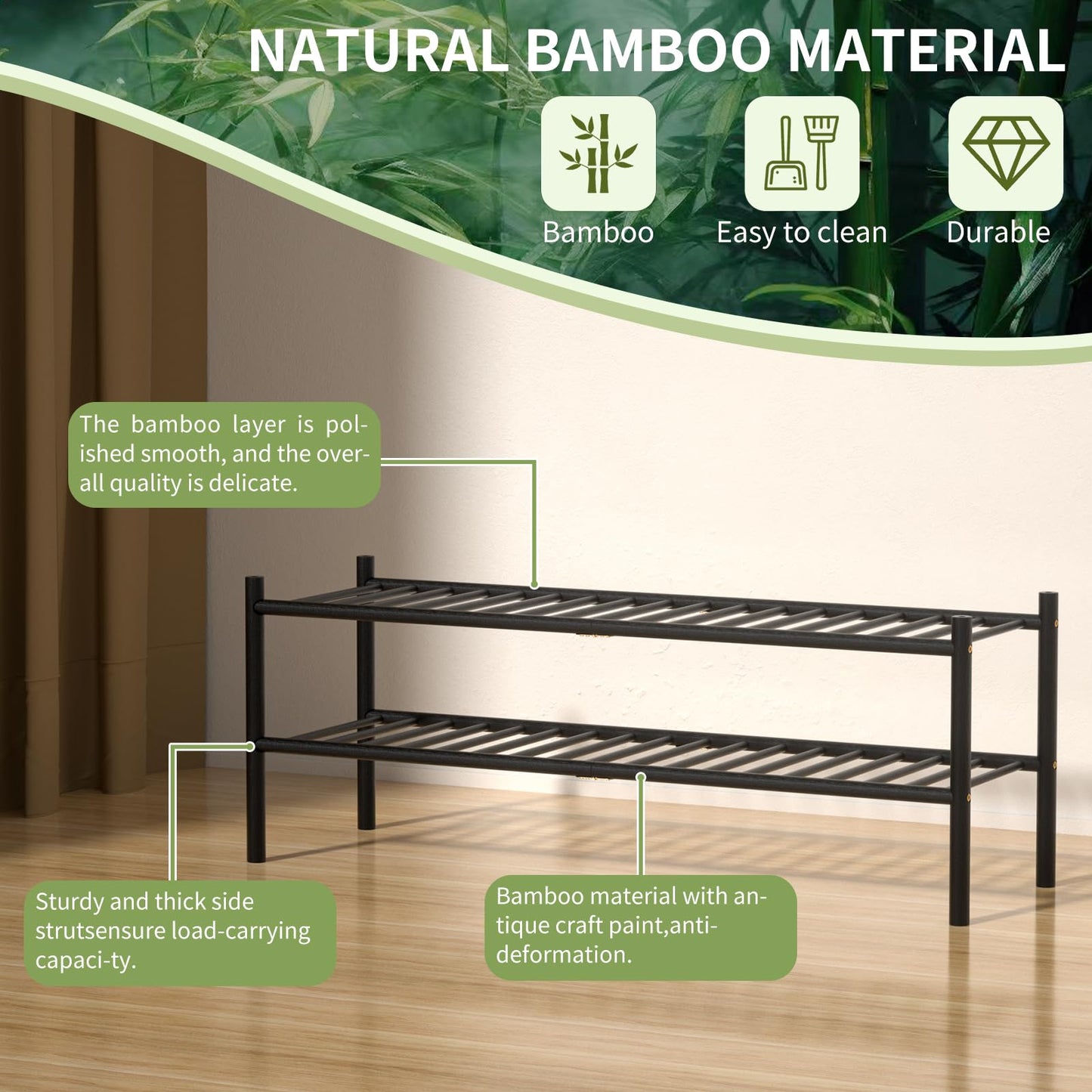 ROMGUAR CRAFT 3 Tier Bamboo Shoe Rack for Closet Free Standing Wood Shoe Shelf Storage Organizer for Entryway Small Space Stackable 27"x11"x20" (Natural)