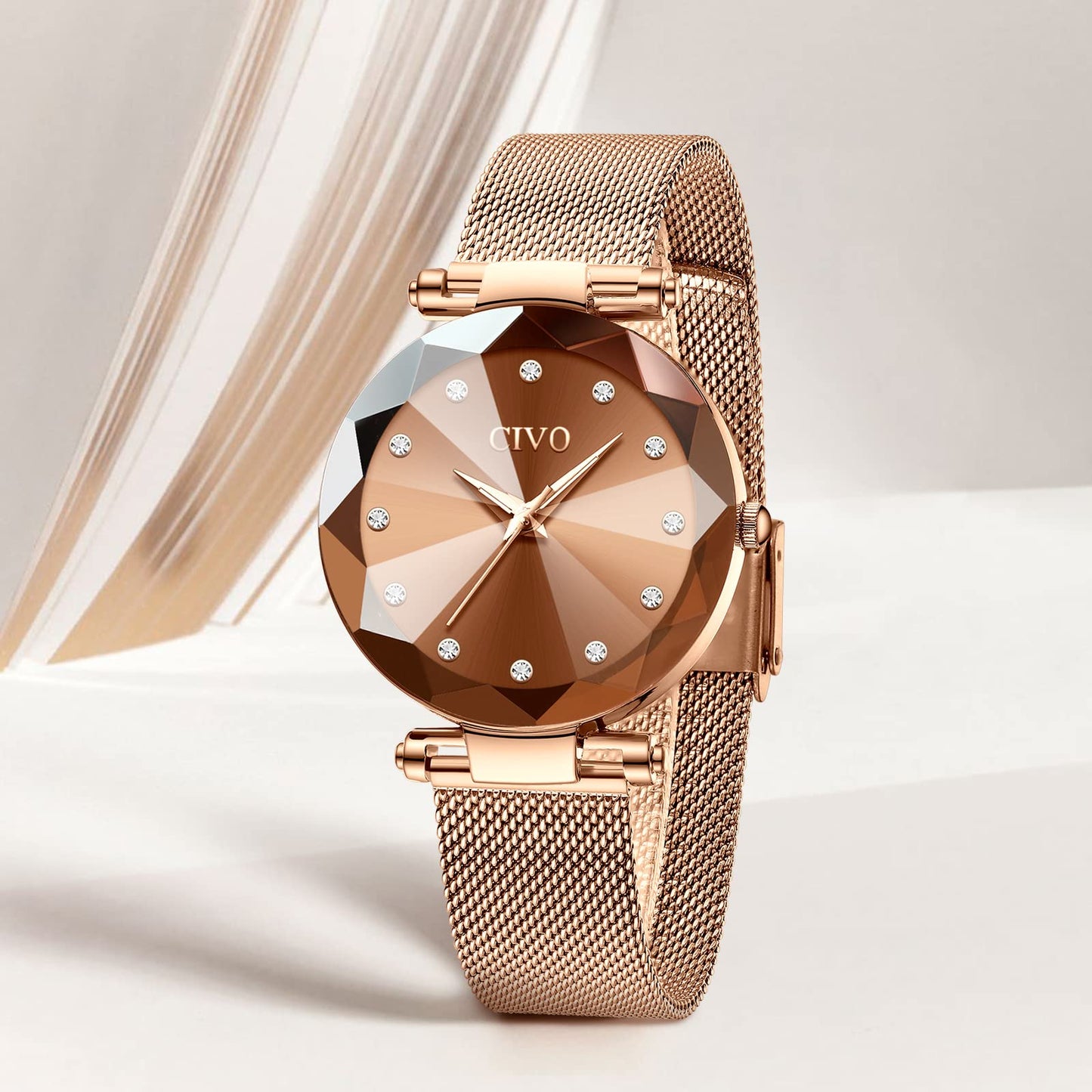 CIVO Damenarmbanduhr, wasserdichte analoge Quarzdameuhr für Damen, Roségold-Mesh-Armband, elegant, luxuriös, Designer-Damenuhr mit Diamant-Zifferblatt