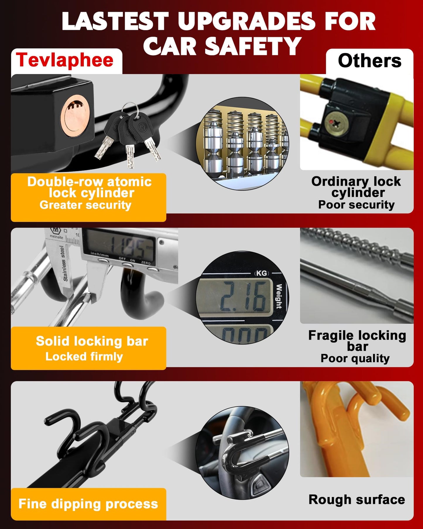 Tevlaphee Steering Wheel Lock Anti-Theft Car Device Heavy Duty Security Car Lock Antitheft Locking Devices Great Deterrent Adjustable Car Wheel Lock Anti Theft for Vehicle Truck with 3 Keys(Yellow)