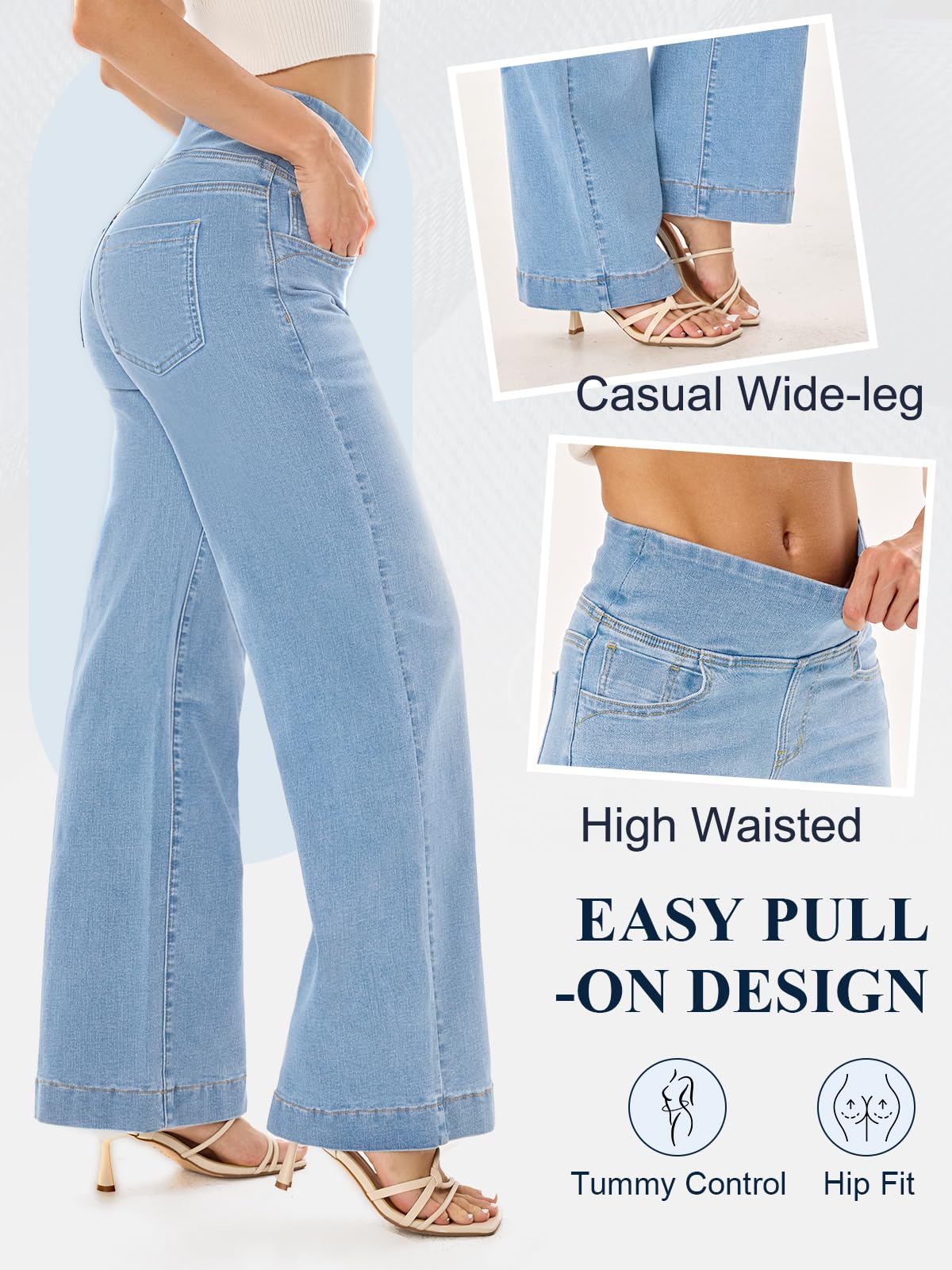 UCOOLYN Pull On Wide Leg Jeans für Damen, High Waisted Bauchkontrolle Stretchy Baggy Trendy Straight Denim Hose mit Taschen für die Arbeit Dunkelblau