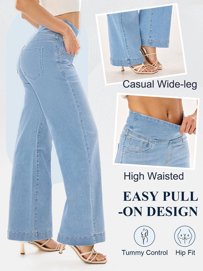 UCOOLYN Pull On Wide Leg Jeans für Damen, High Waisted Bauchkontrolle Stretchy Baggy Trendy Straight Denim Hose mit Taschen für die Arbeit Dunkelblau