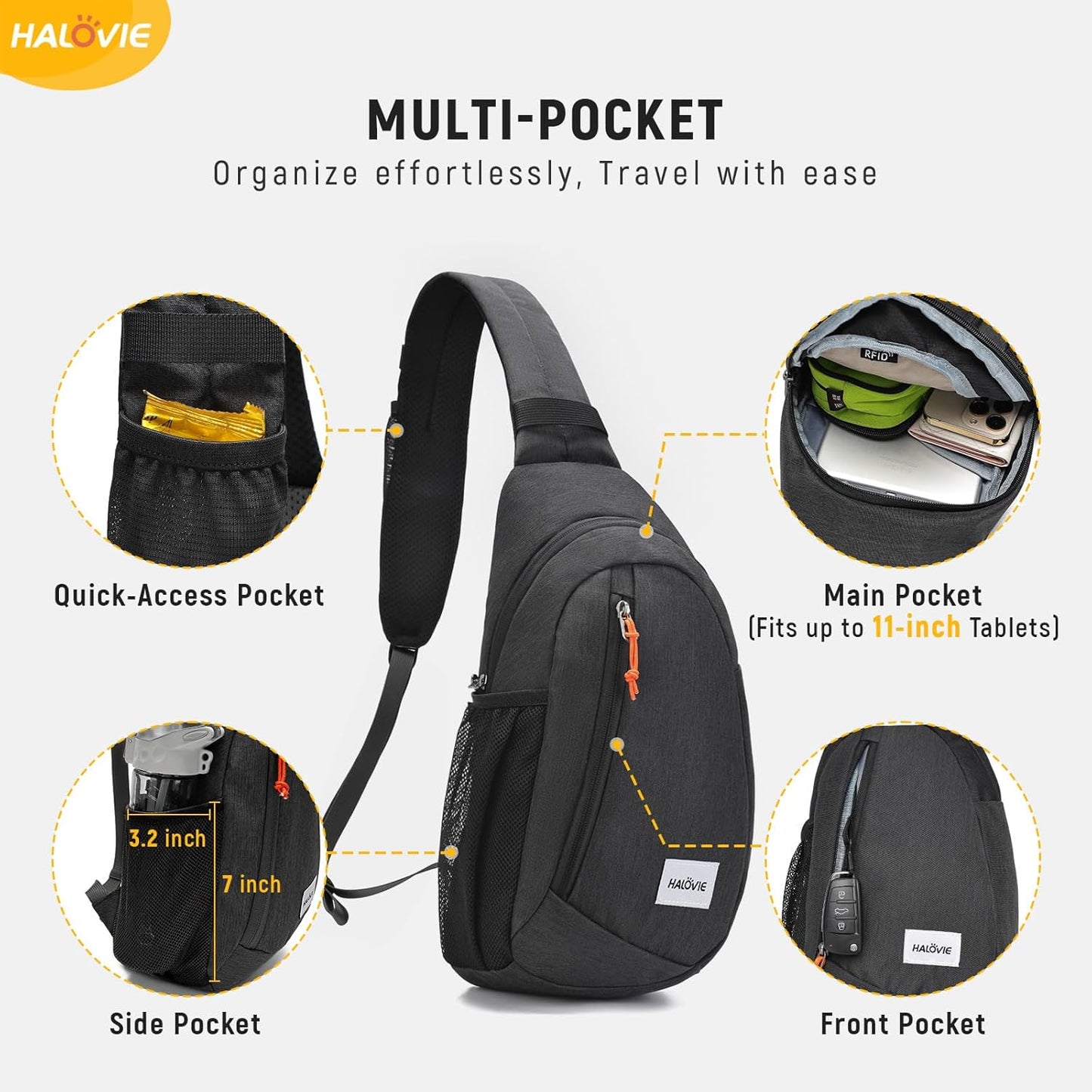 HALOVIE Anti-Diebstahl Sling Bag RFID-Reise-Sling-Rucksack Leichtgewicht Wander-Umhängetasche Brusttasche zum Spazierengehen Arbeiten