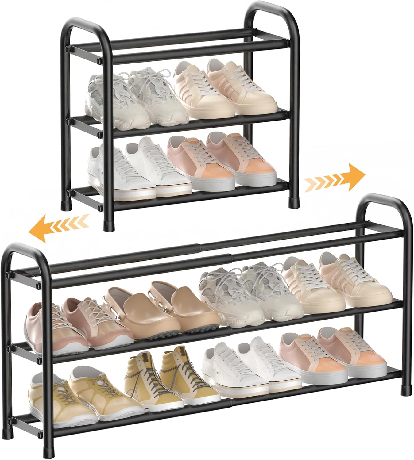 ENJOYBASICS Expandable Metal Shoe Racks for Closet, 3 Tier Adjustable Shoe Organizer Shelf, Black Free Standing Rack Storage for Entryway