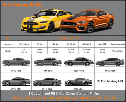 Kayme 6 Lagen Autoabdeckung, maßgeschneidert für Ford Mustang/Shelby (1964-2025), wasserdicht, für jedes Wetter, für Automobile, Outdoor, Vollschutz vor Regen, Sonne, UV-Strahlung. Silber