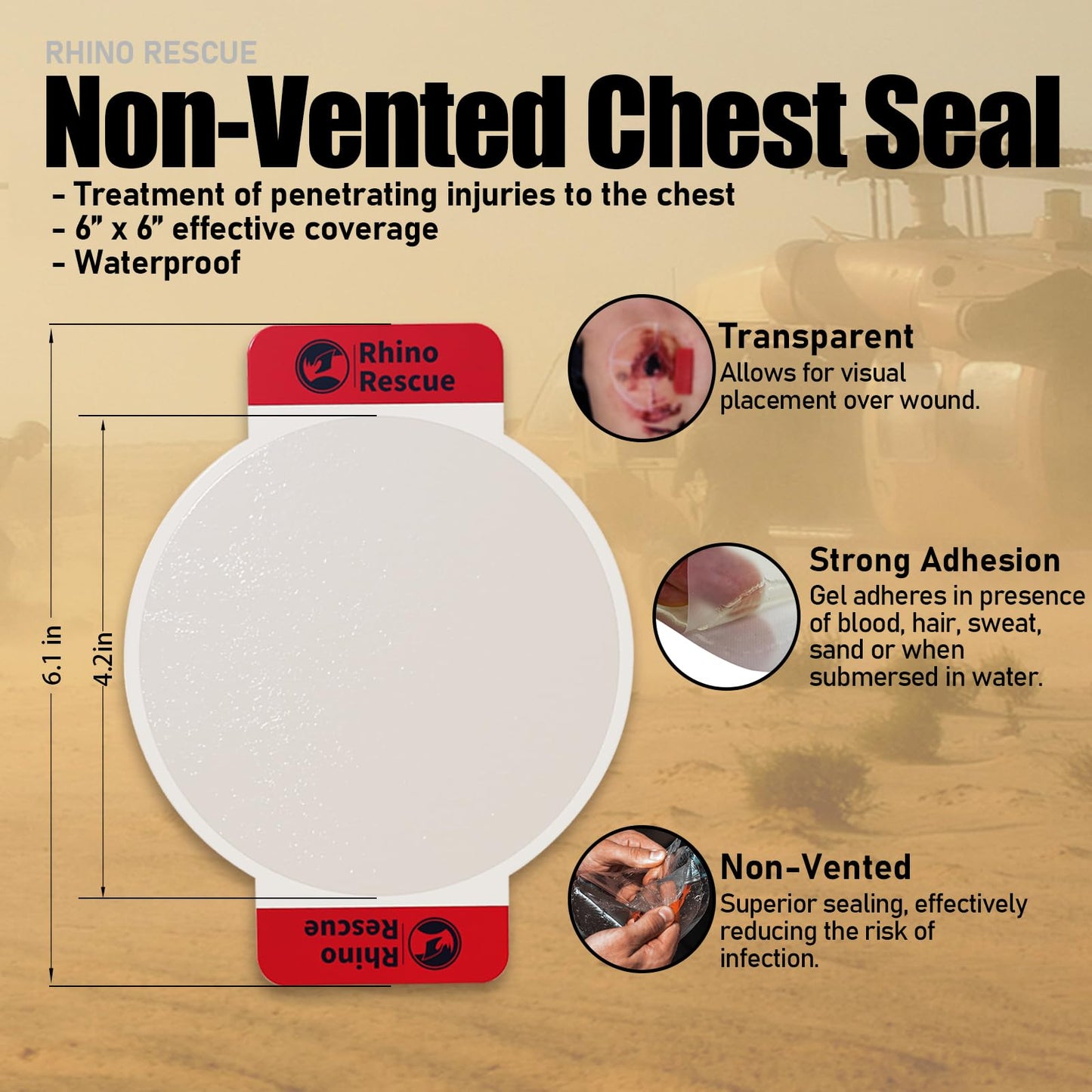 RHINO RESCUE Vented Chest Seal, 4 Vents, Sterile Emergency Trauma Dressing, Occlusive Adhesive Pad, IFAK Trauma Refill Medical First Aid Supplies for Wound Care, Gunshot Wound, Sucking Chest(20 Count)