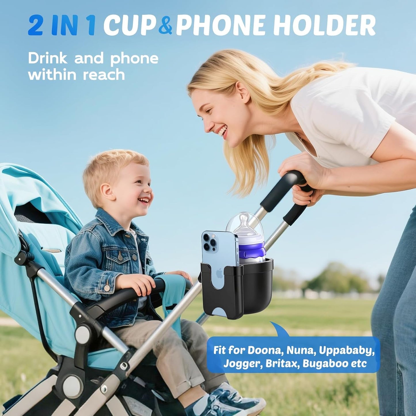 Guiseapue Kinderwagen Becherhalter mit Handyhalterung: Universeller Becherhalter für Rollator, Rollstuhl, Fahrrad, Golf/Kinderwagen Zubehör für Uppababy, Nuna, Doona, Rollator, Golfwagen, Roller, Schwarz