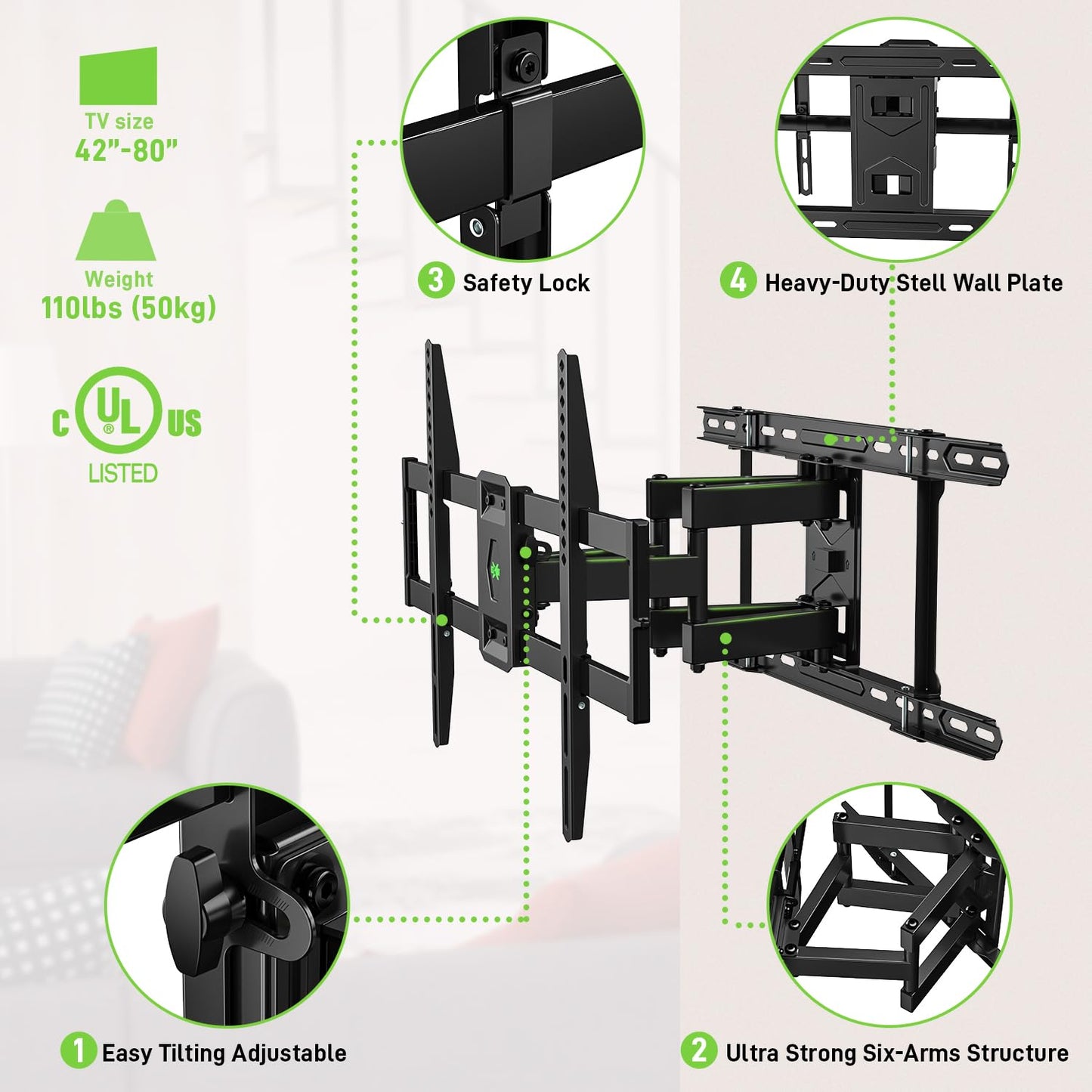 USX MOUNT TV Wall Mount for 32-74 inch Flat Screen/LED/4K up to 110lbs, Full Motion TV Mount Bracket with Swivel & Tilt Articulating Dual Arms, Max VESA 400x400mm, Fits 12/16" Wood Studs