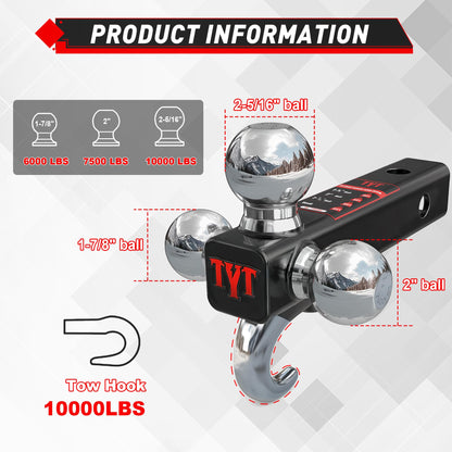 TYT Adjustable Truck Trailer Hitch for 2 inch Receiver, 6" Drop/Rise Tow Hitch with Dual Balls (2" & 2-5/16"), Compatible with Heavy-Duty Trailer Systems up to 20,000 lbs, Includes Hitch Tightener